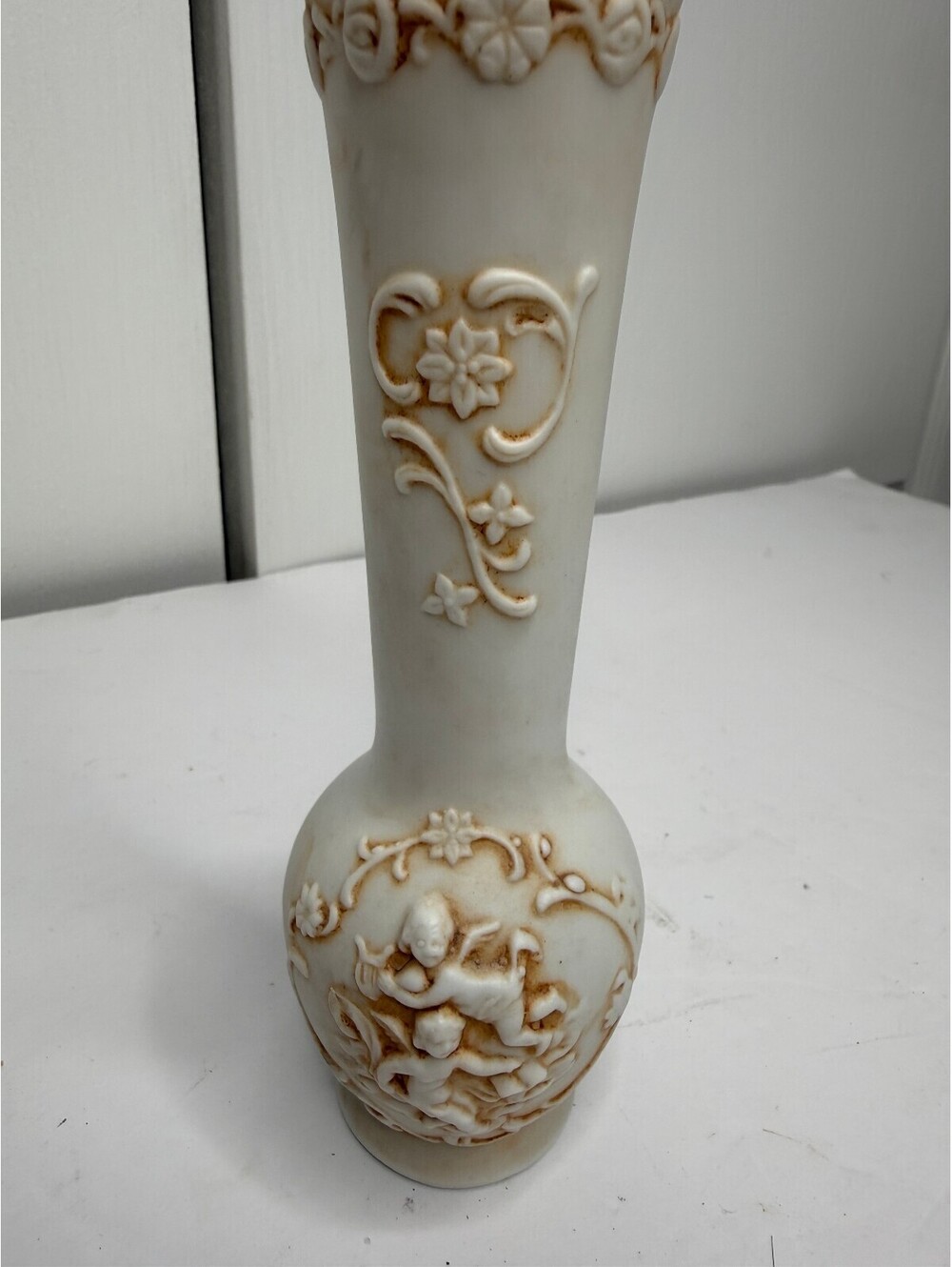 Vintage Made in Japan Porcelain Bud Vase Cherubs Floral Relief 1597